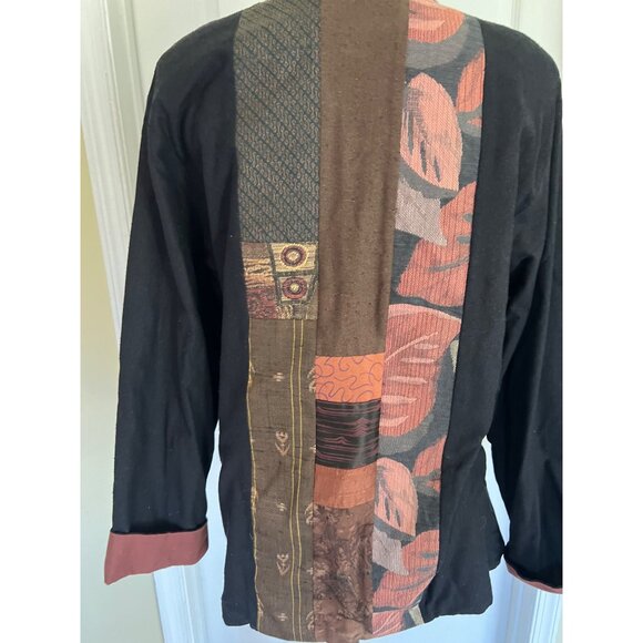 Anna Brown Open Blazer Jacket Patchwork Quilt Art to Wear Casual Coastal Small - Picture 6 of 9